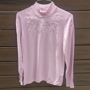 Laura Mock Neck Pink Floral Cut Out Embroidered Sweater - Size L Good Condition